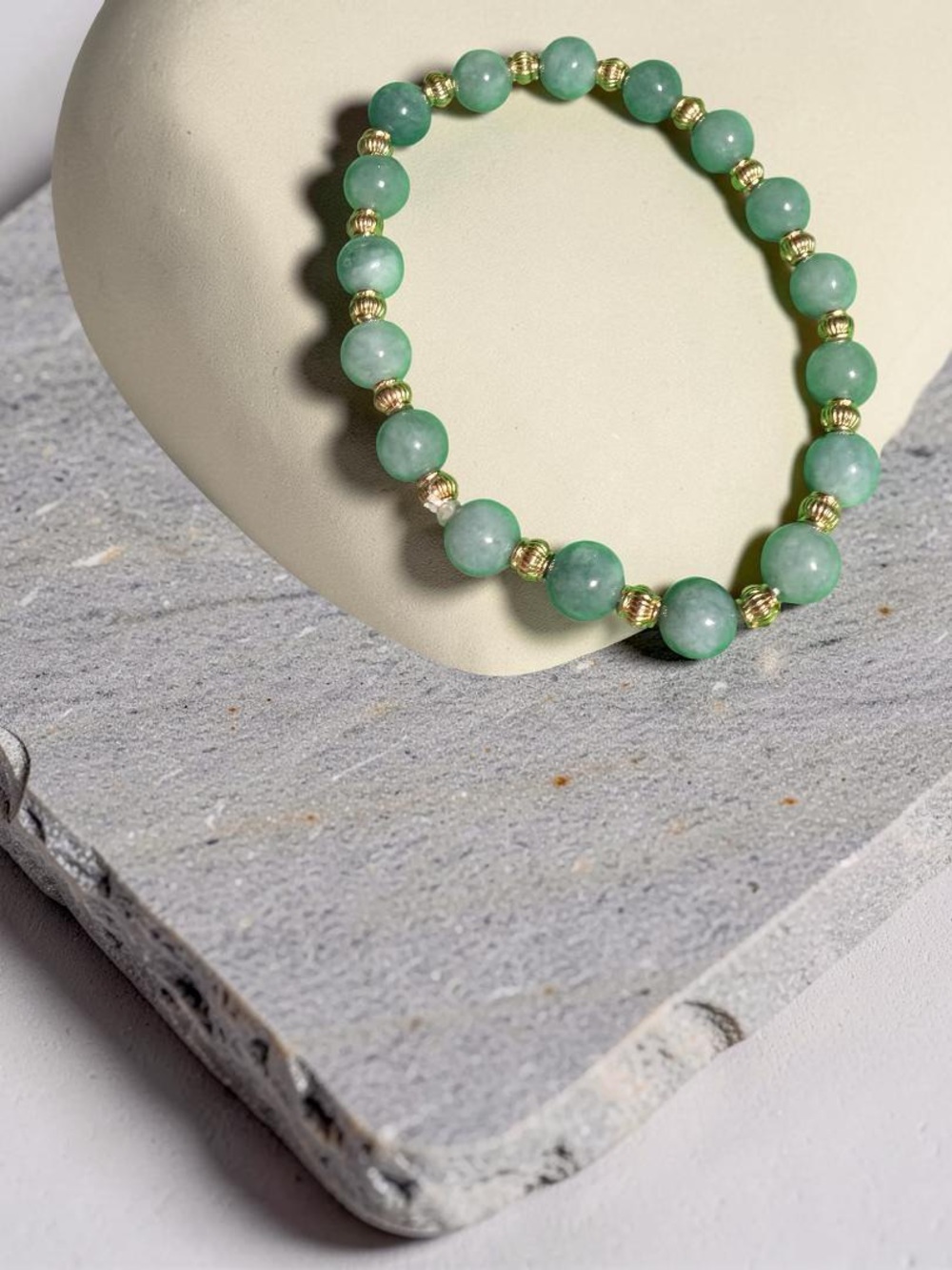 Green Jade Beaded Stretch Bracelet with Gold Accent Beads — Elegant Everyday
